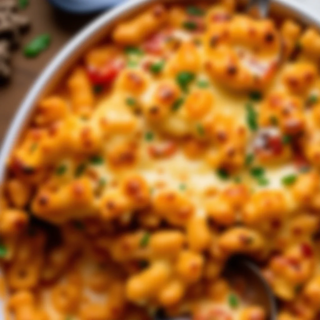 Close up of veggie pasta bake in a white dish with a spoon taking a scoop out.