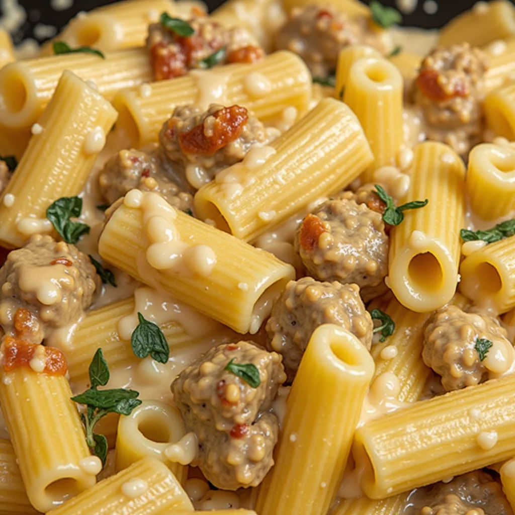 Close-up of Italian Sausage Rigatoni with a creamy sauce and fresh parsley.