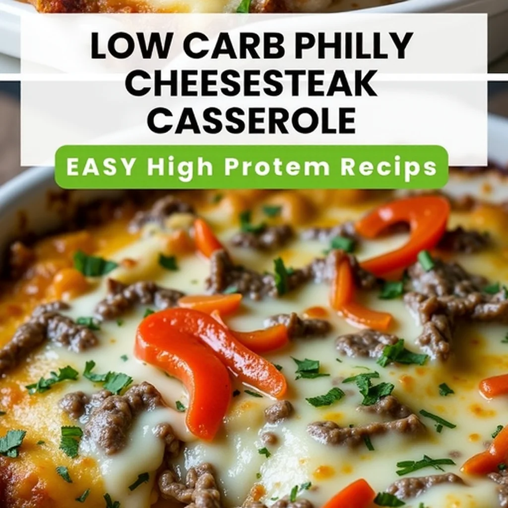 A high-quality photo of a Philly cheesesteak casserole being lifted out of a baking dish with a spoon, showcasing the cheesy and meaty layers.
