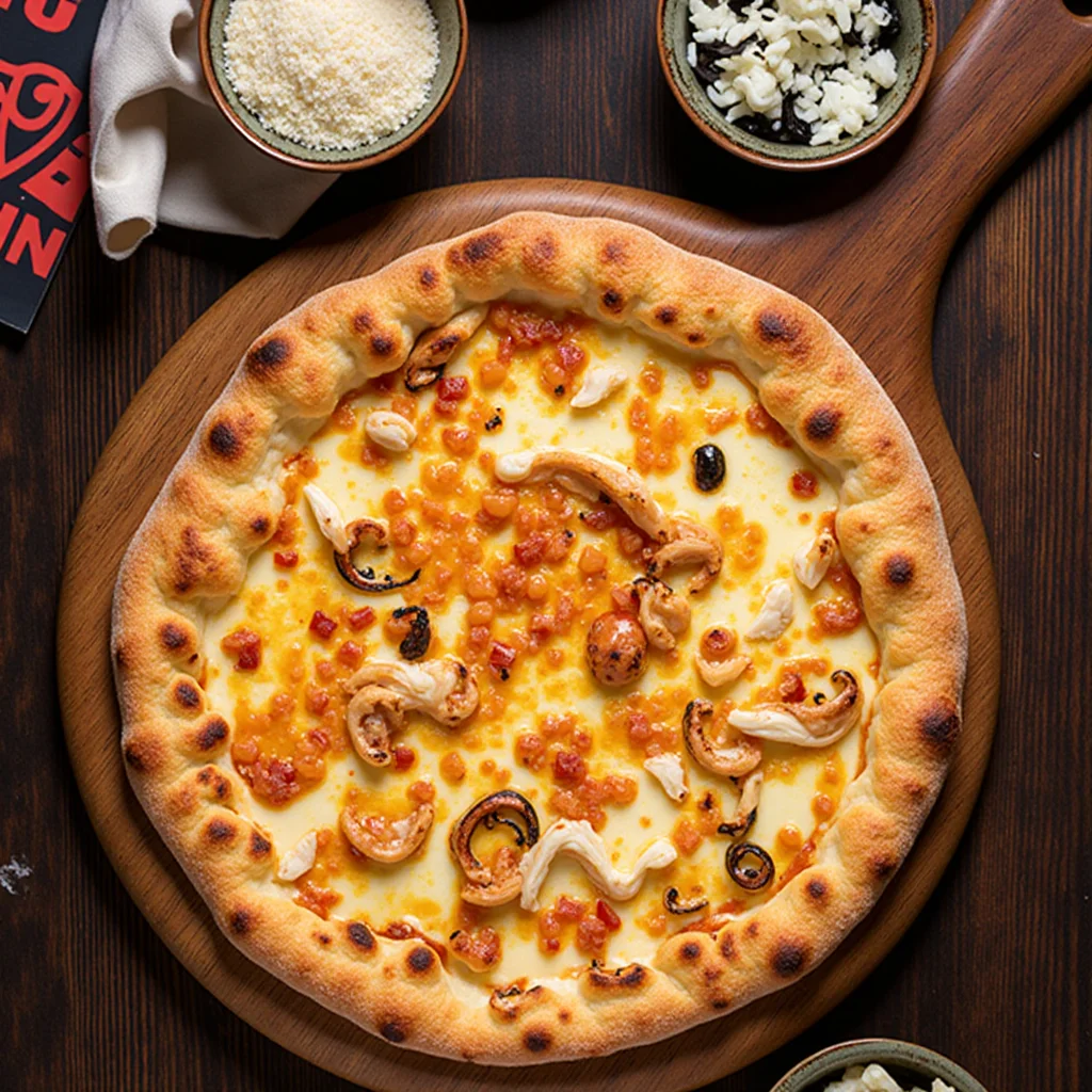 Overhead shot of a four-cheese pizza on a wooden board with ingredients like parmesan, ricotta, blue cheese, and mozzarella in small bowls.