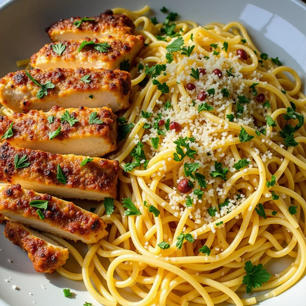 Delicious garlic butter chicken pasta plated in a bowl.