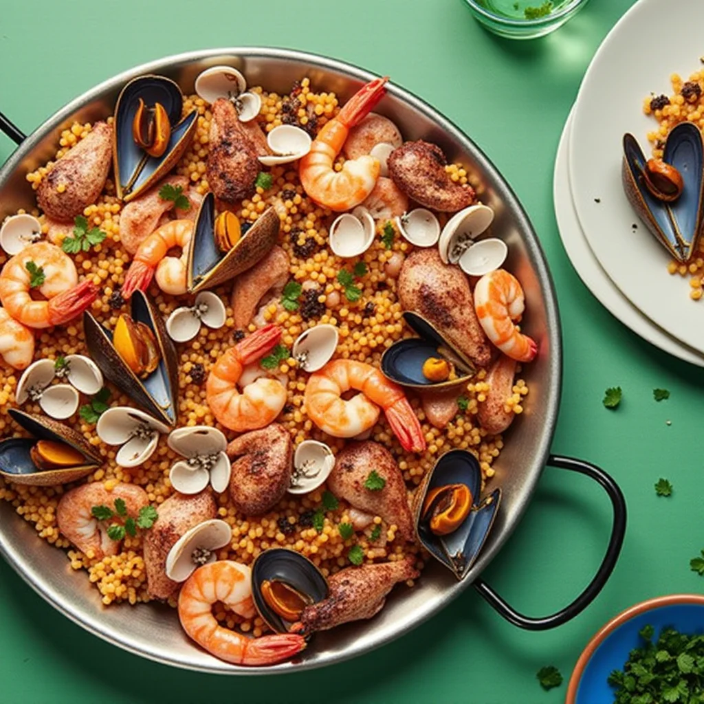 Overhead shot of seafood paella in a pan and on a plate.