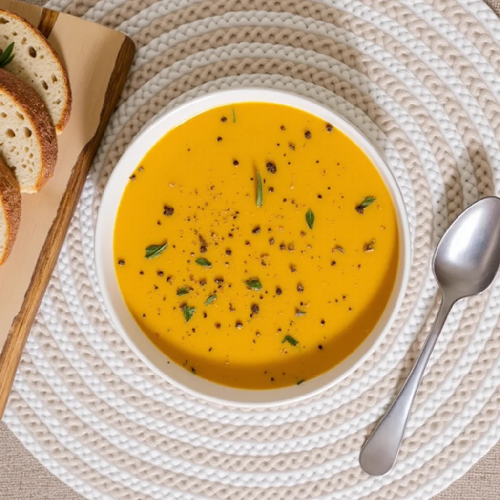 Overhead view of a bowl of orange-colored soup with herbs, accompanied by sliced bread and a spoon on a neutral-toned placemat.