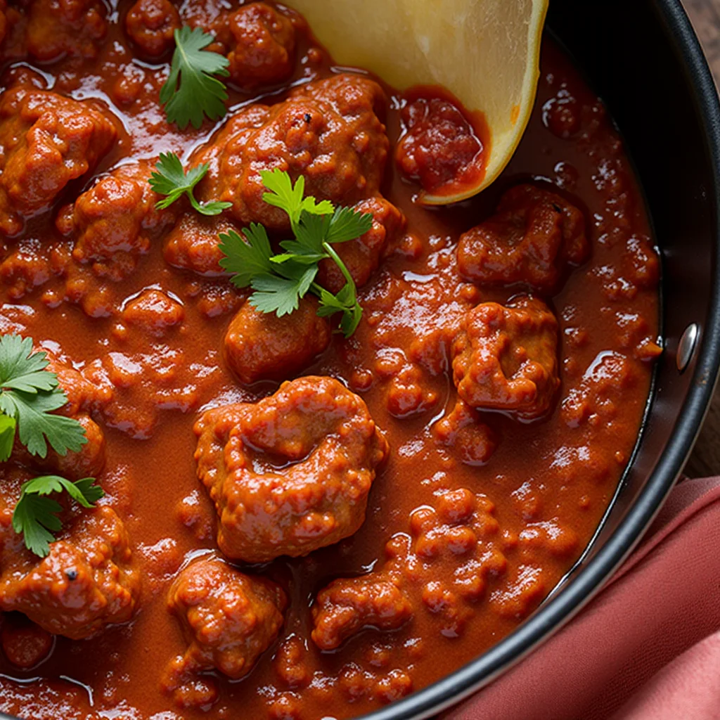 Overhead shot of Lighter Chicken Tikka Masala in a black pan with a wooden spoon, garnished with cilantro.