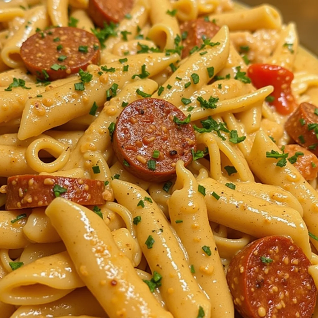 Close-up of creamy Cajun sausage pasta dish.