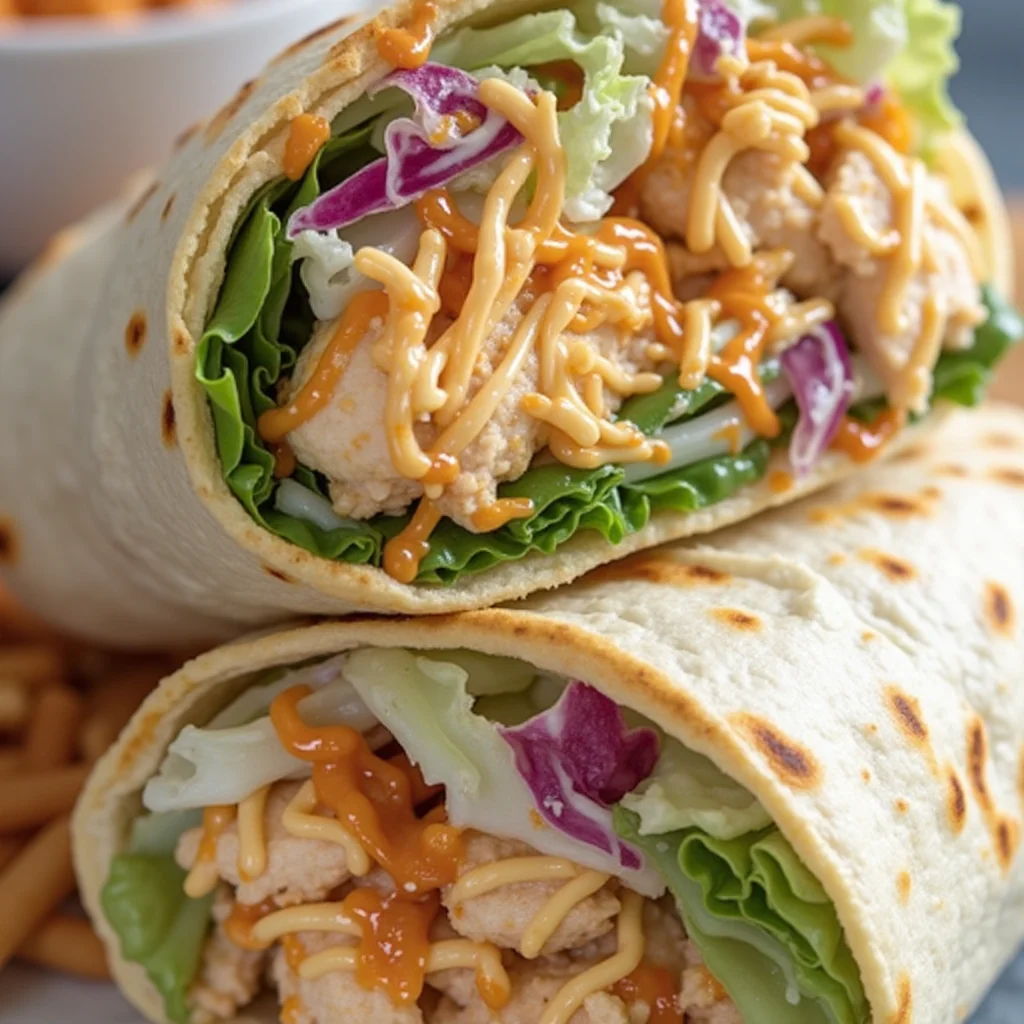 Two buffalo chicken wraps stacked on top of each other, showcasing the creamy, shredded chicken filling with lettuce and red cabbage.