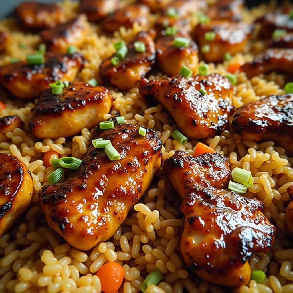 Close-up of one pan chicken and rice dish with teriyaki-glazed chicken pieces, fluffy rice with vegetables, and a garnish of chopped green onions.