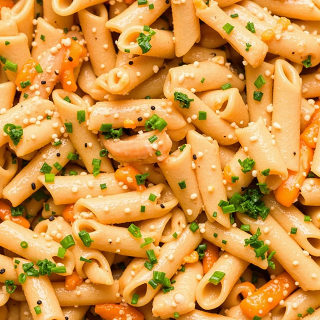 Close-up of creamy penne pasta dish with chicken and herbs.