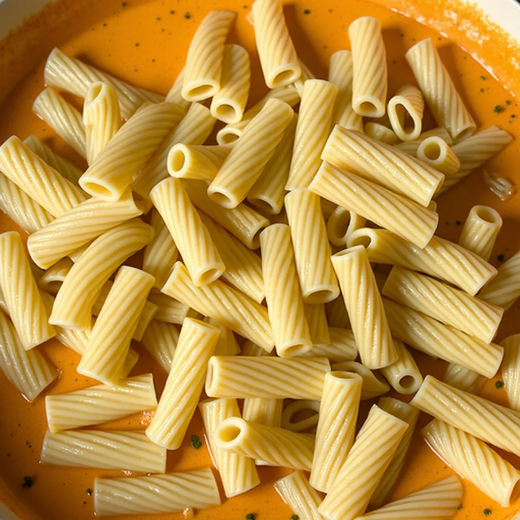 Close-up of rigatoni pasta being added to a creamy orange sauce.