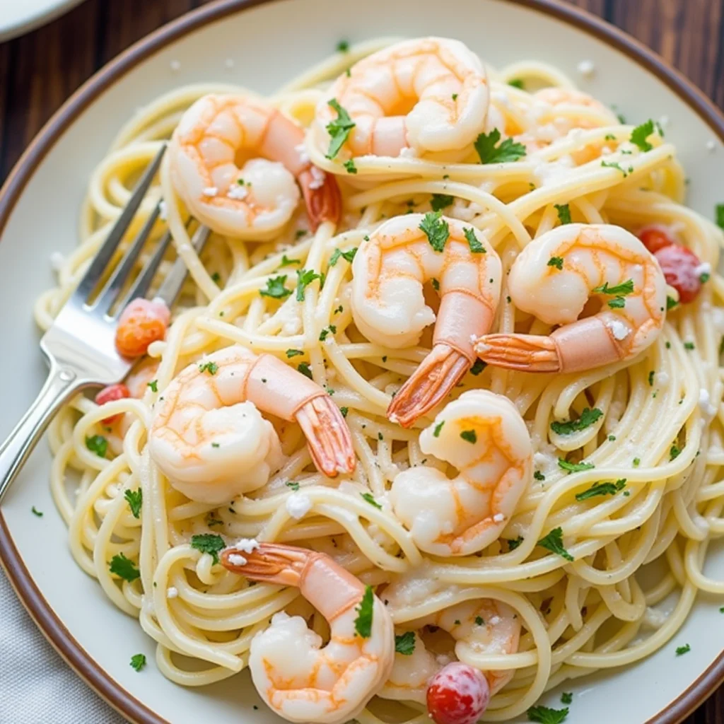Plate of creamy shrimp angel hair pasta garnished with parsley.