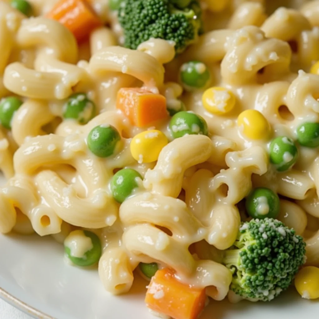 A plate of creamy one-pot macaroni and cheese with colorful vegetables.
