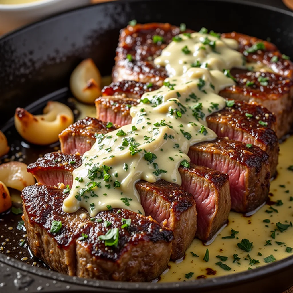 Sliced garlic butter steak in a cast iron skillet, with roasted garlic cloves.
