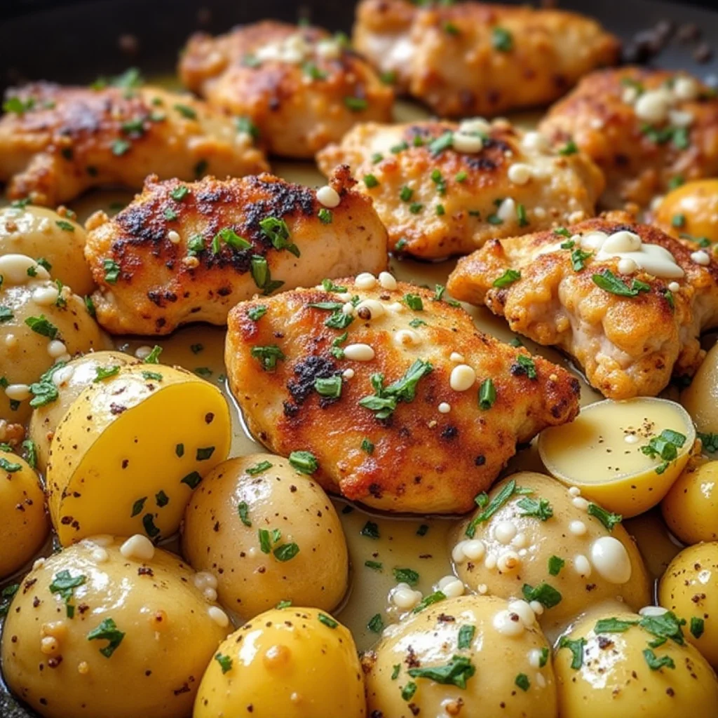 Close-up of garlic parmesan chicken thighs with small potatoes in a pan.