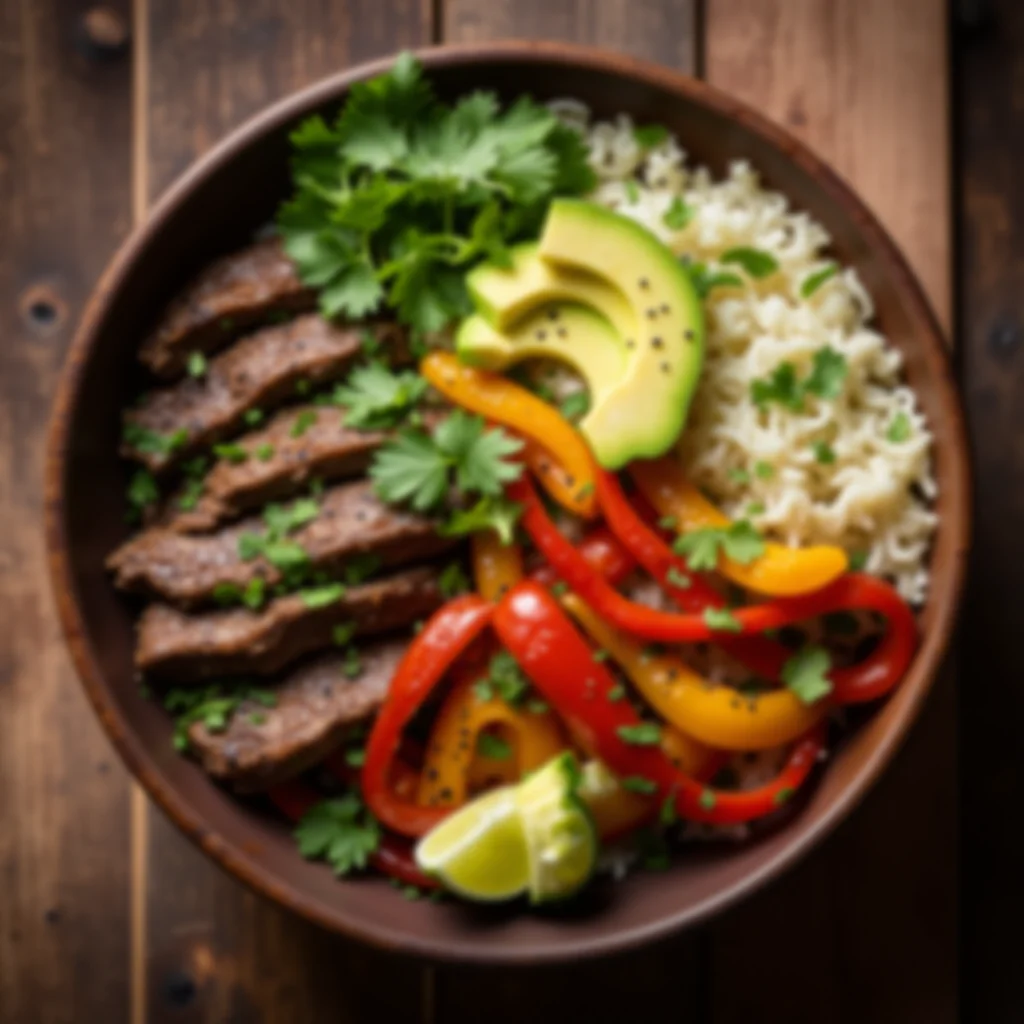 Overhead view of a low-carb steak fajita bowl with sliced steak, sauteed peppers, cauliflower rice, avocado, cilantro, and a lime wedge in a wooden bowl.