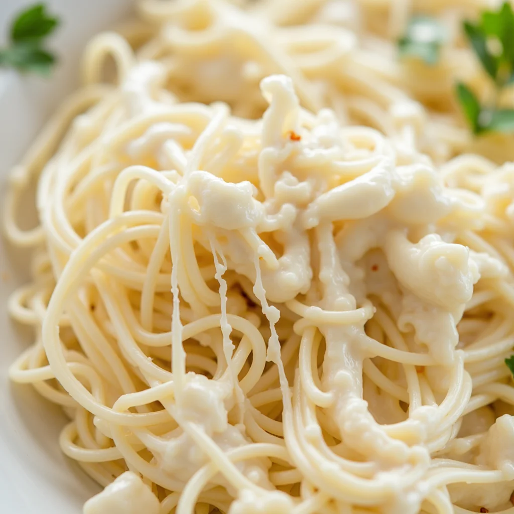 Close-up of creamy garlic parmesan spaghetti on a white plate.