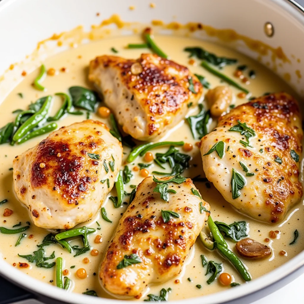 Close-up of creamy garlic chicken in a pan with spinach.