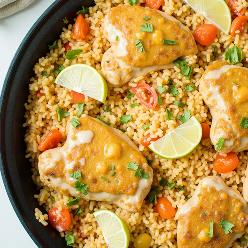 Overhead shot of one-pot Mexican chicken and rice in a black skillet, garnished with lime wedges and cilantro.