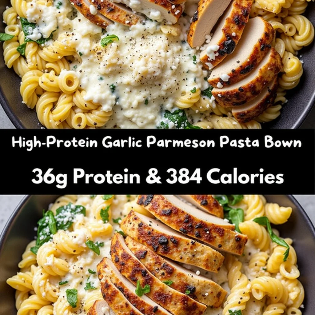 Bowl of high protein pasta with grilled chicken, parmesan cheese, spinach, and creamy garlic sauce.