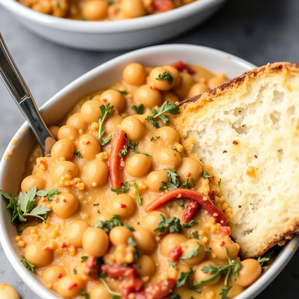 Bowl of vegan shepherd's pie with bread.
