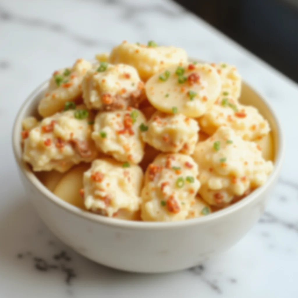 Creamy dish of meat and potatoes in a white bowl topped with herbs and seasoning.