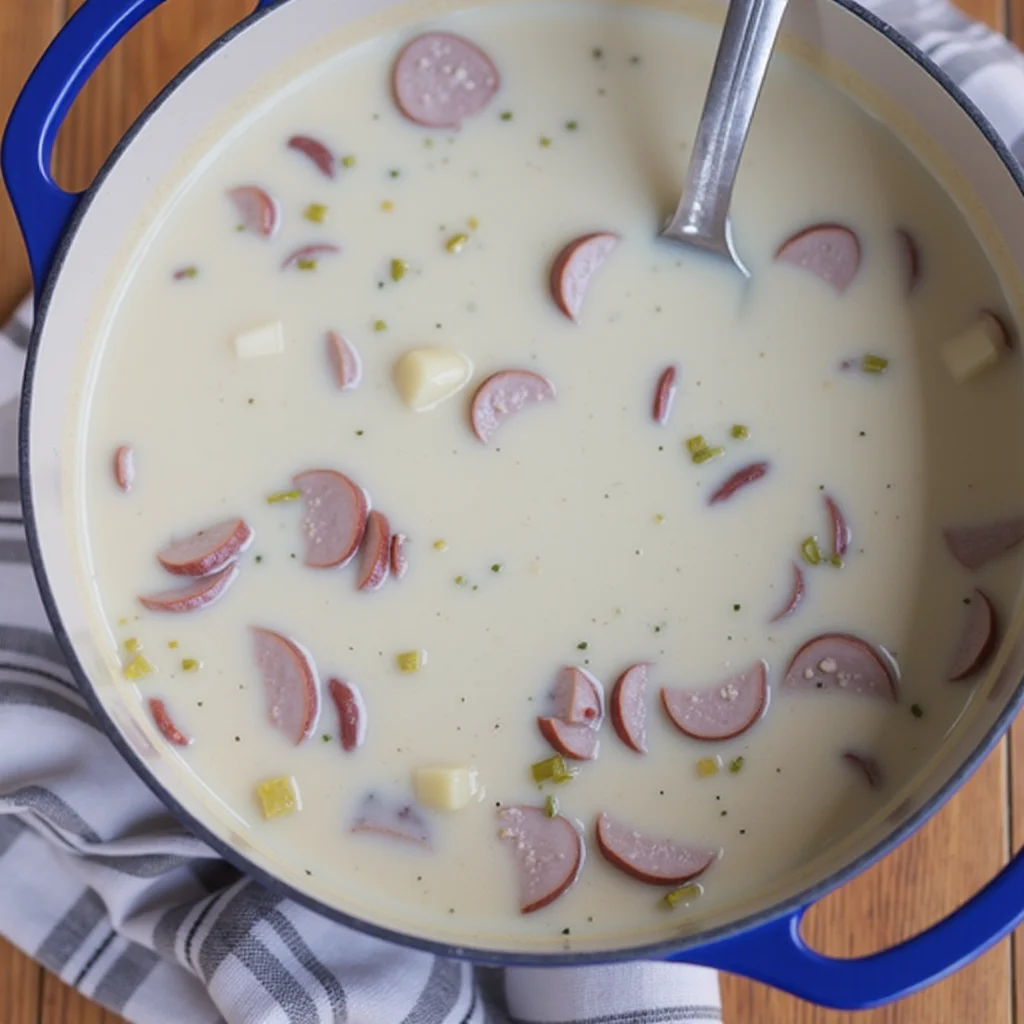 Overhead shot of a pot of creamy cajun potato soup with sausage.