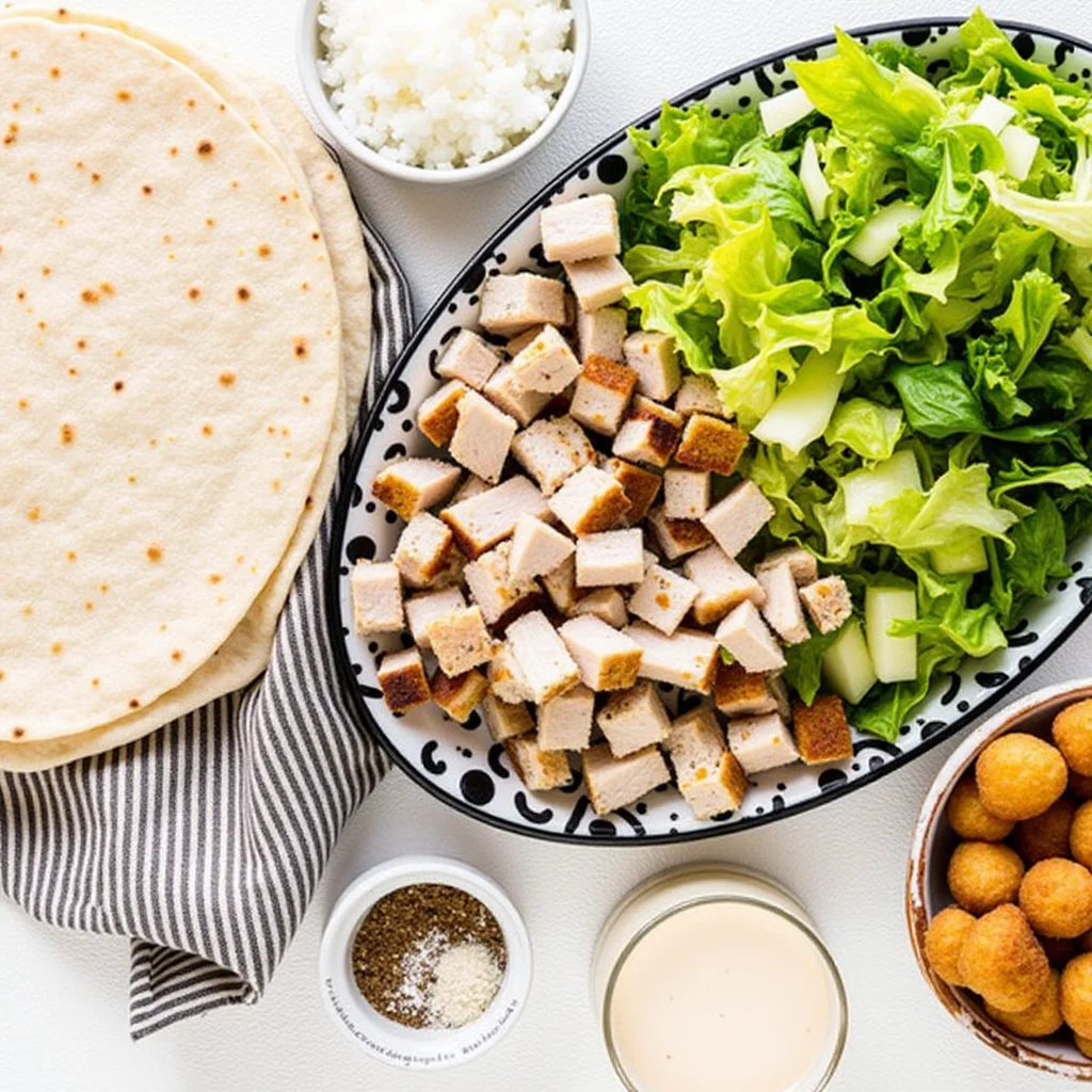 Overhead shot of ingredients for chicken Caesar wraps, including tortillas, chicken, lettuce, croutons, parmesan cheese, Caesar dressing, and seasoning.