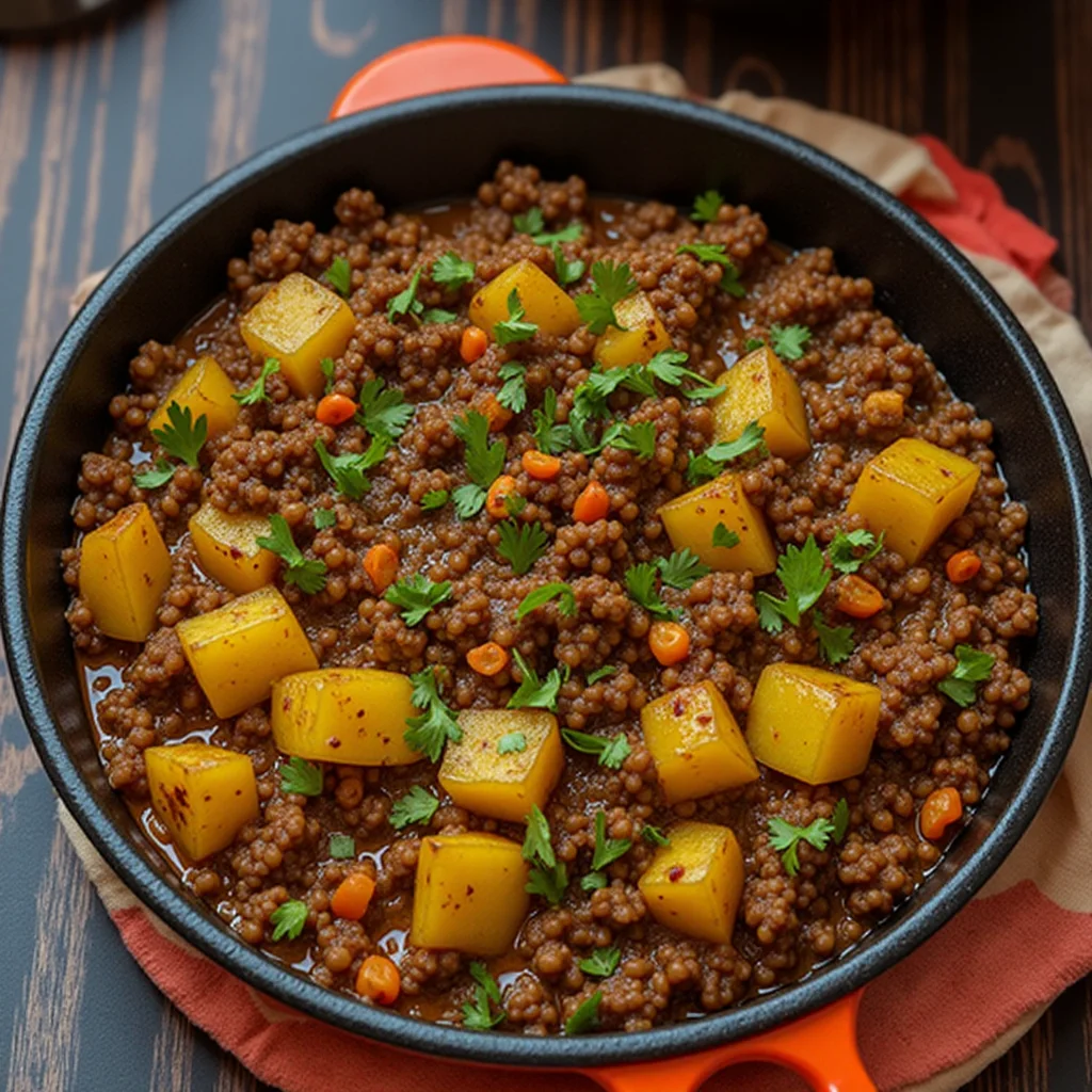 A pot of Indian Keema Aloo, a dish made with ground meat, potatoes, and peas.