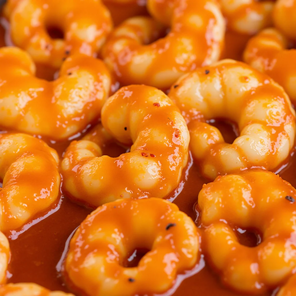 Close-up of cooked shrimp coated in a red sauce.