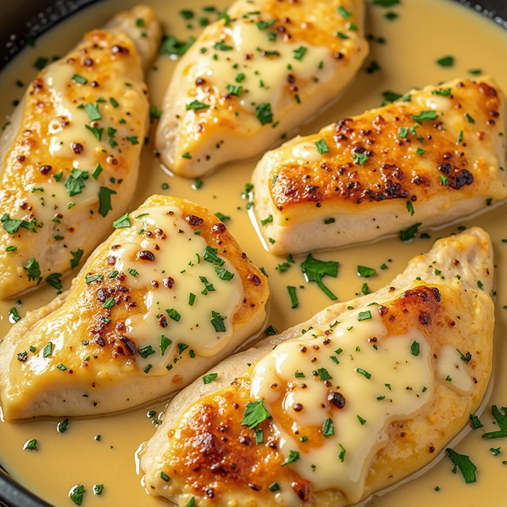 Garlic parmesan chicken breasts in a creamy sauce, garnished with parsley and served in a skillet.