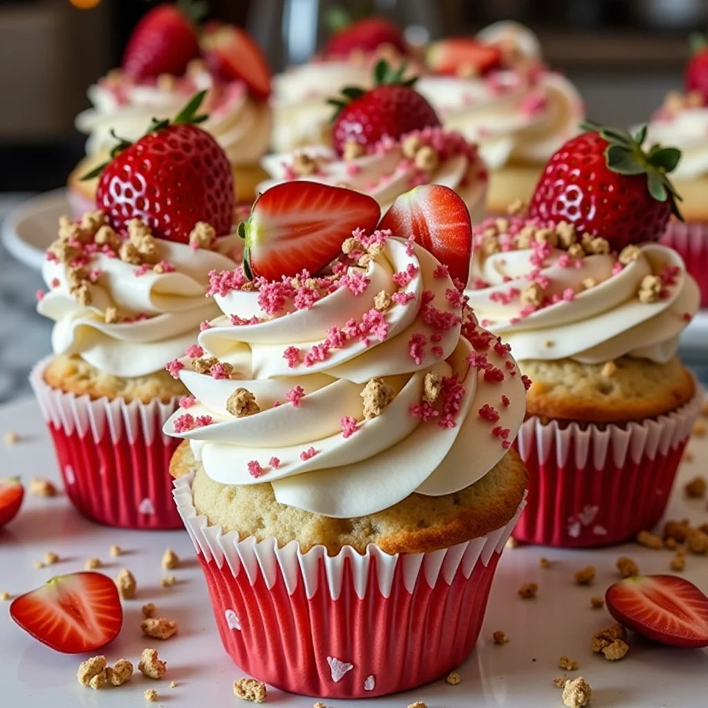 Close up of strawberry cupcakes with white frosting and red sprinkles.