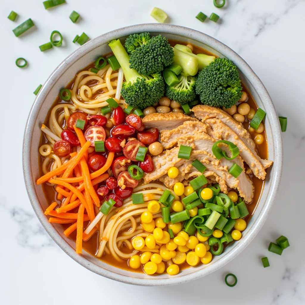 Overhead shot of a bowl of ramen with colorful vegetables, chicken, and noodles.