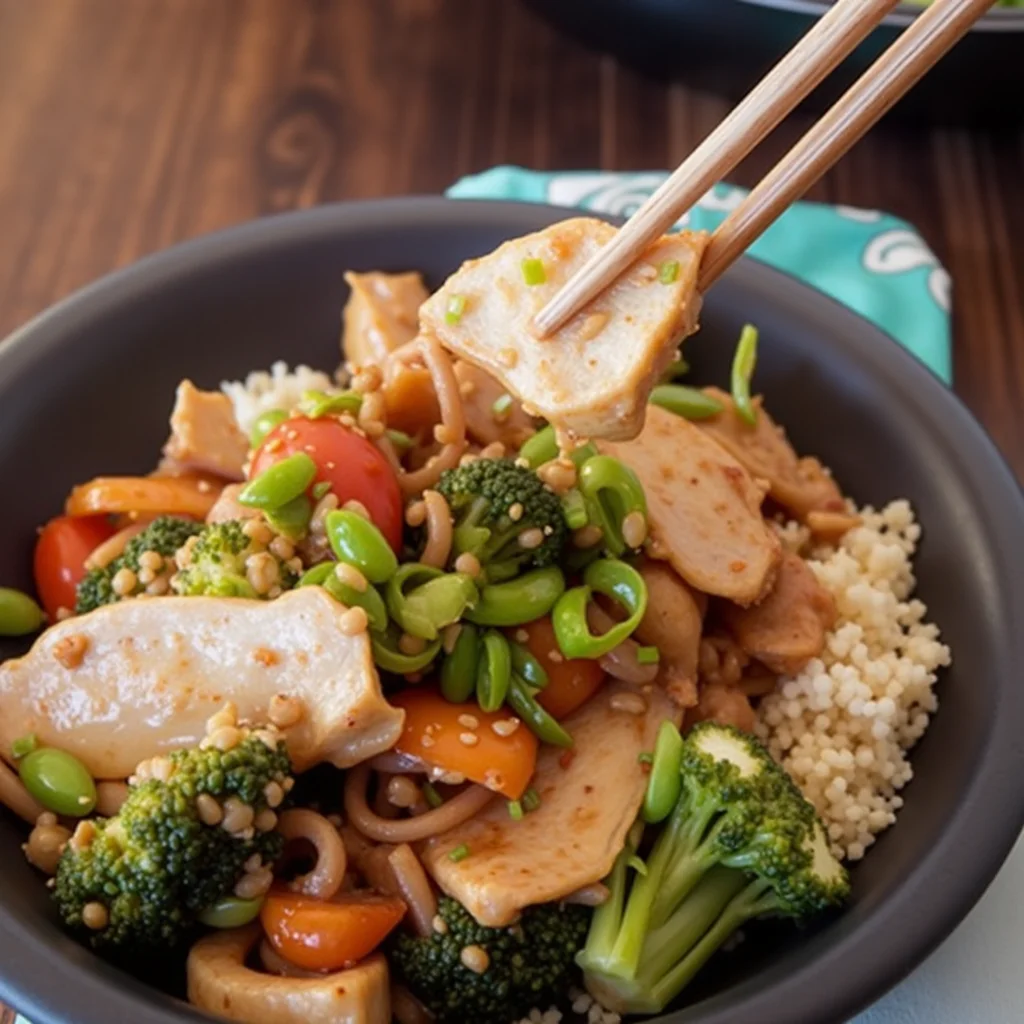 A bowl of gluten-free chicken stir-fry with chopsticks holding a piece of chicken.