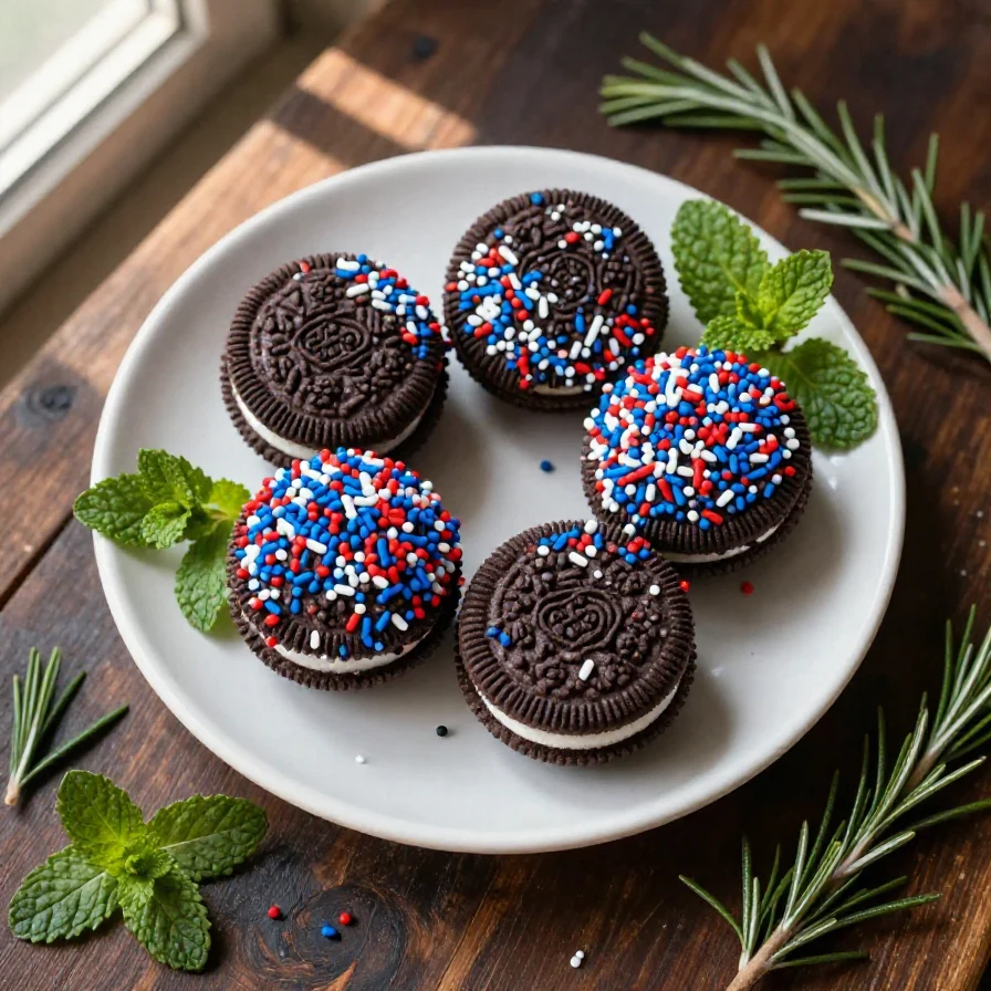A plate of colorful 4th of July Oreo balls decorated with red, white, and blue sprinkles
