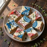 Delicious no flour red white blue cookie bars topped with fresh berries and whipped cream