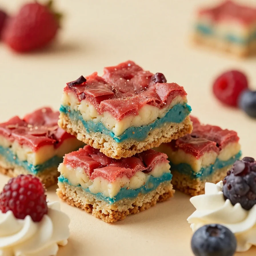 Delicious no flour red white blue cookie bars topped with fresh berries and whipped cream