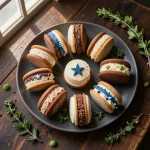 A plate of patriotic mini ice cream sandwiches decorated with red, white, and blue sprinkles