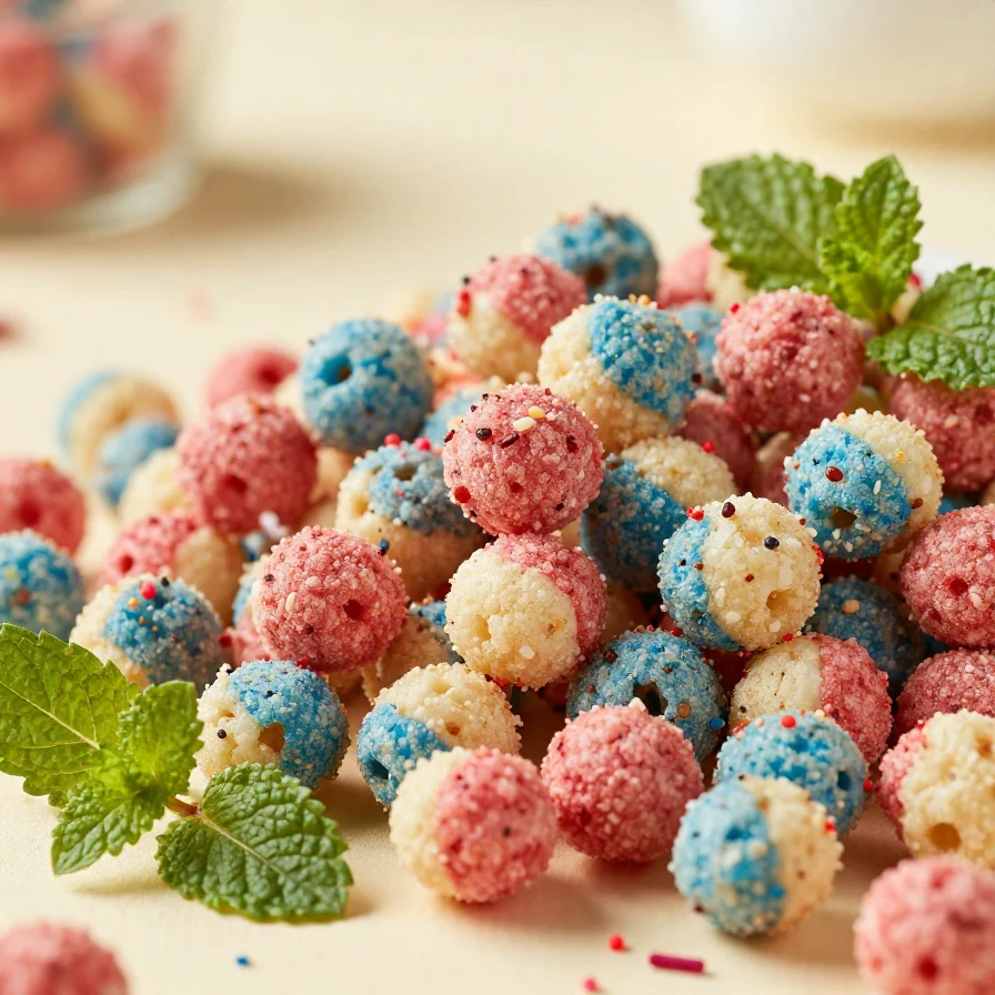 A bowl of patriotic Muddy Buddies, also known as Puppy Chow, with red, white, and blue colors.