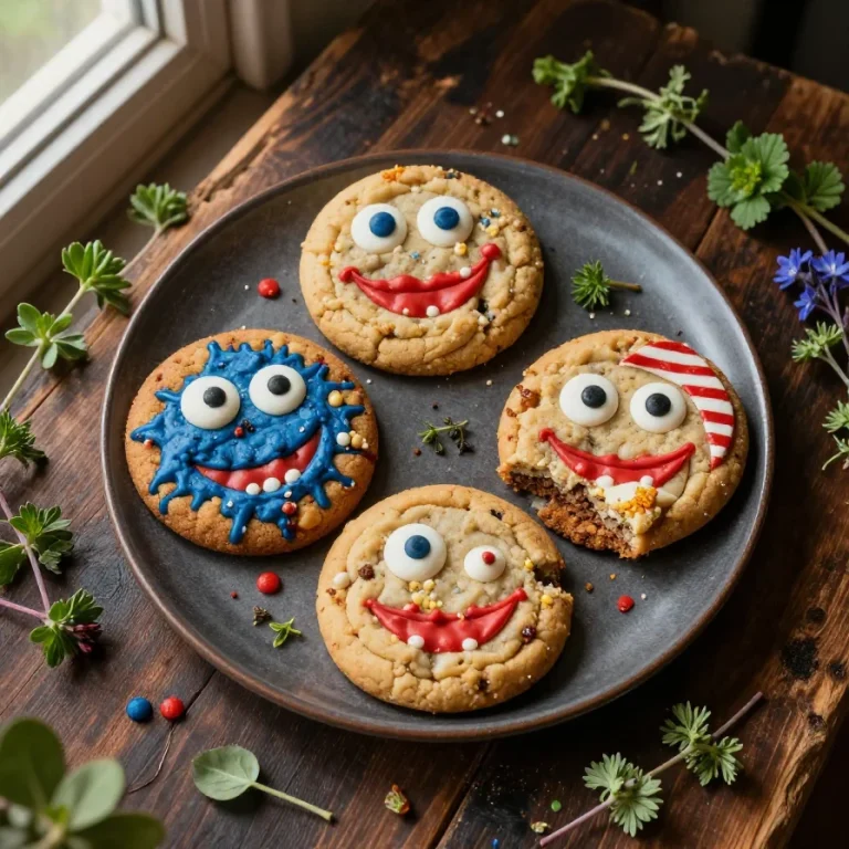 A plate of colorful 4th of July Monster Cookies made with browned butter blondie batter, decorated with red, white, and blue sprinkles.