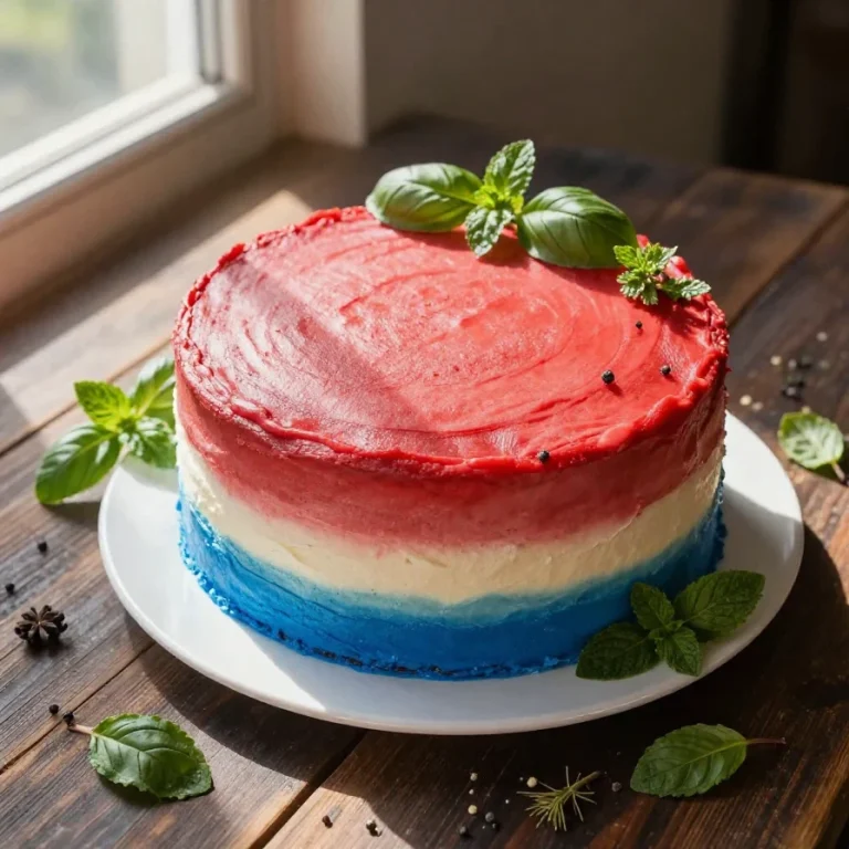 A beautifully decorated red, white, and blue ombré cake from Edgar's Bakery, showcasing layers of vibrant colors.