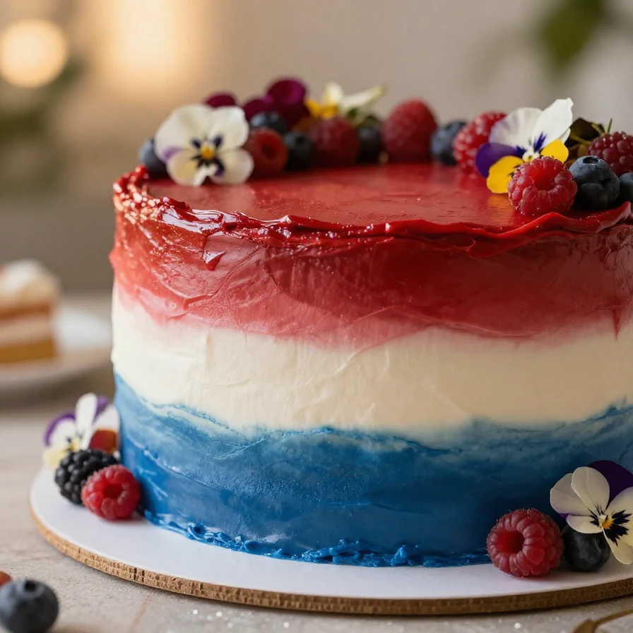 A beautifully decorated red, white, and blue ombré cake from Edgar's Bakery, showcasing layers of vibrant colors.
