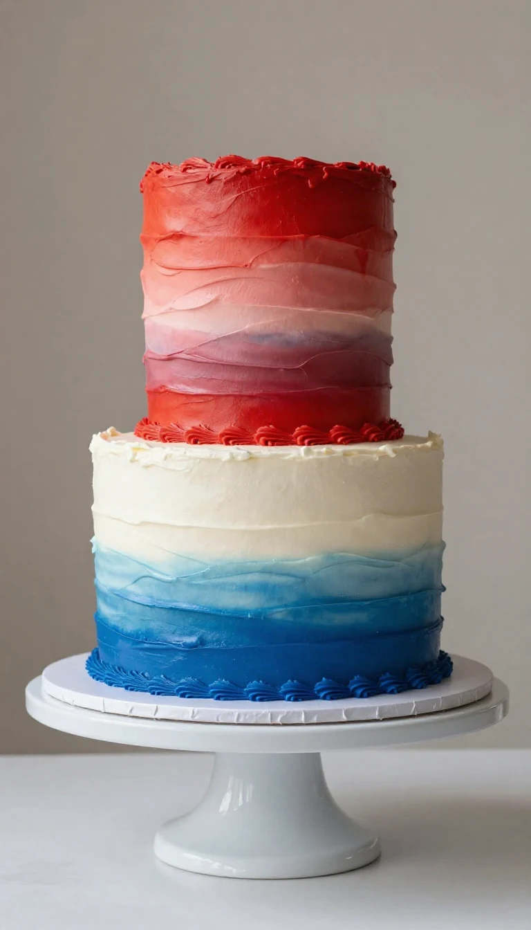 A beautifully decorated red, white, and blue ombré cake from Edgar's Bakery, showcasing layers of vibrant colors.