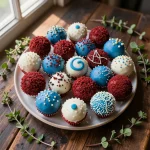 A close-up of red velvet cake pops decorated with white chocolate and blue sprinkles, perfect for a festive celebration.
