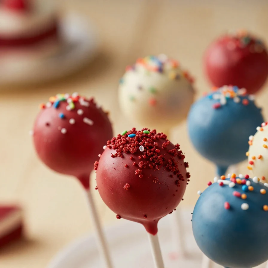 A close-up of red velvet cake pops decorated with white chocolate and blue sprinkles, perfect for a festive celebration.