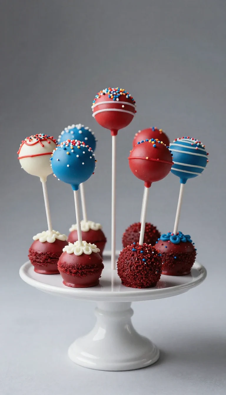 A close-up of red velvet cake pops decorated with white chocolate and blue sprinkles, perfect for a festive celebration.