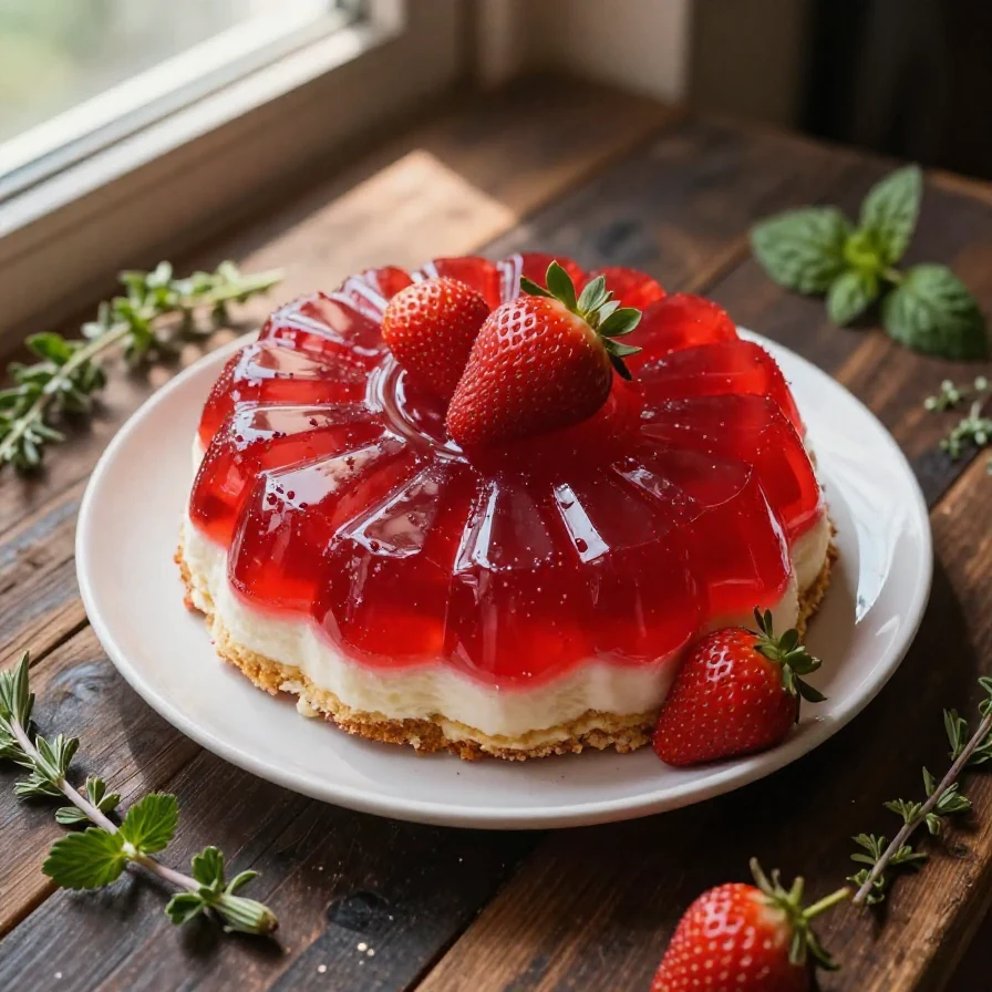 A vibrant Strawberry Jello Cake Flag Cake decorated with fresh strawberries and whipped cream