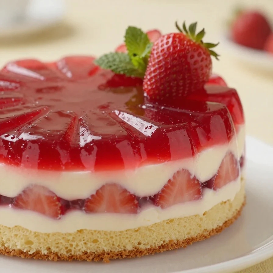 A vibrant Strawberry Jello Cake Flag Cake decorated with fresh strawberries and whipped cream