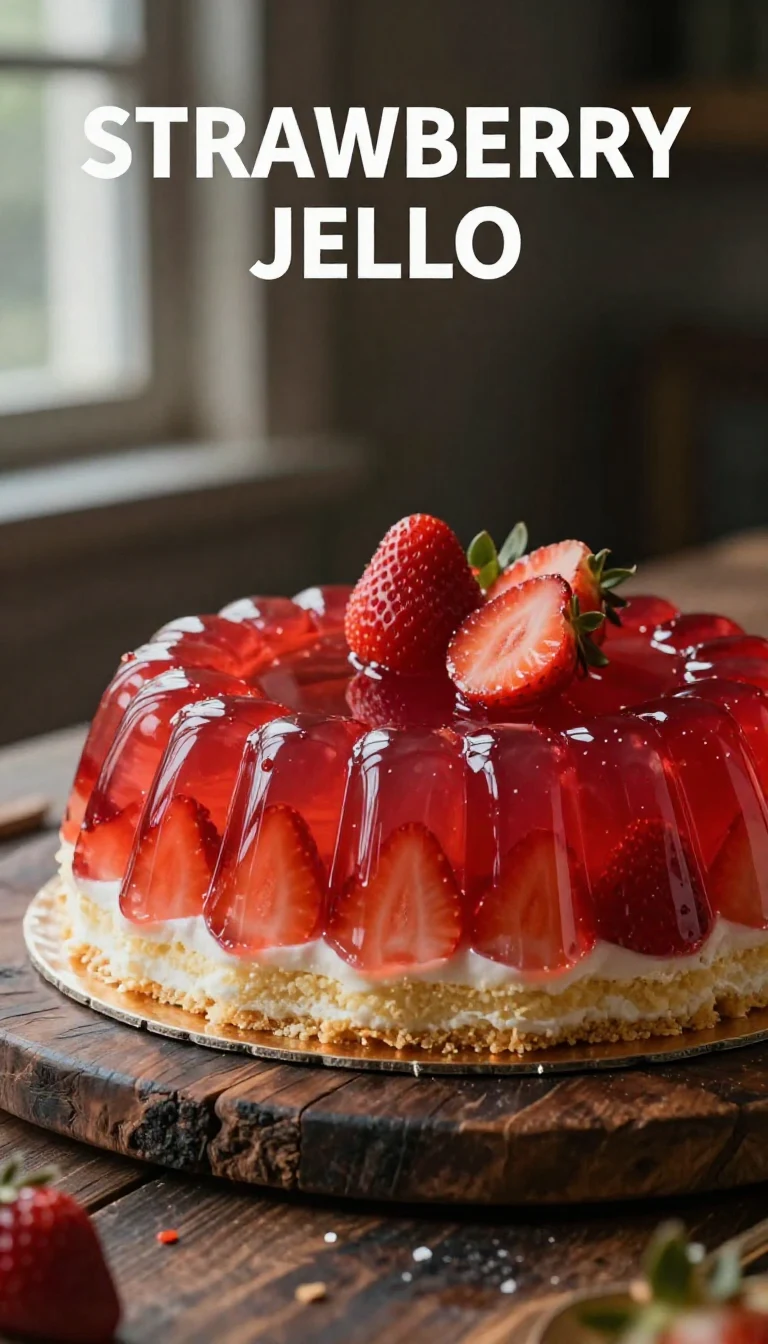 A vibrant Strawberry Jello Cake Flag Cake decorated with fresh strawberries and whipped cream