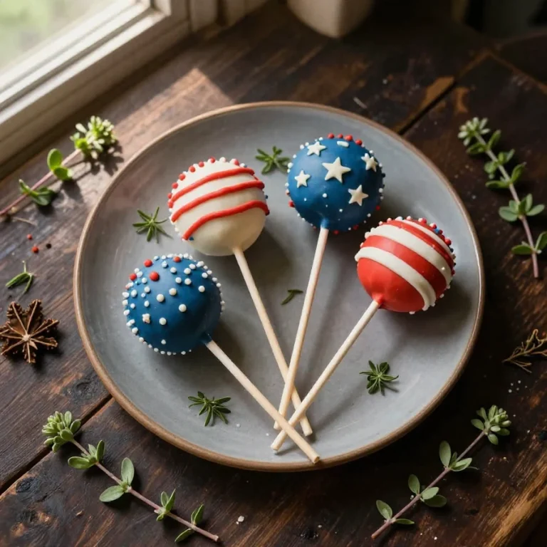 Colorful 4th of July cake pops decorated with red, white, and blue sprinkles