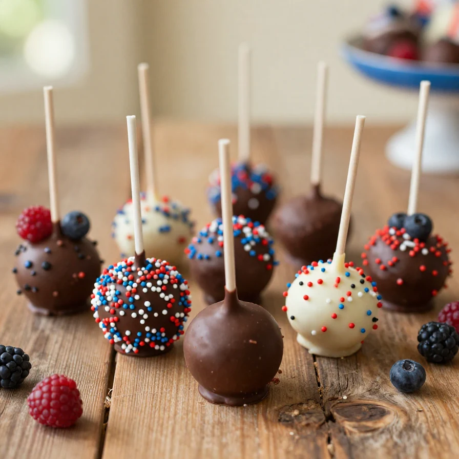 Colorful 4th of July cake pops decorated with red, white, and blue sprinkles