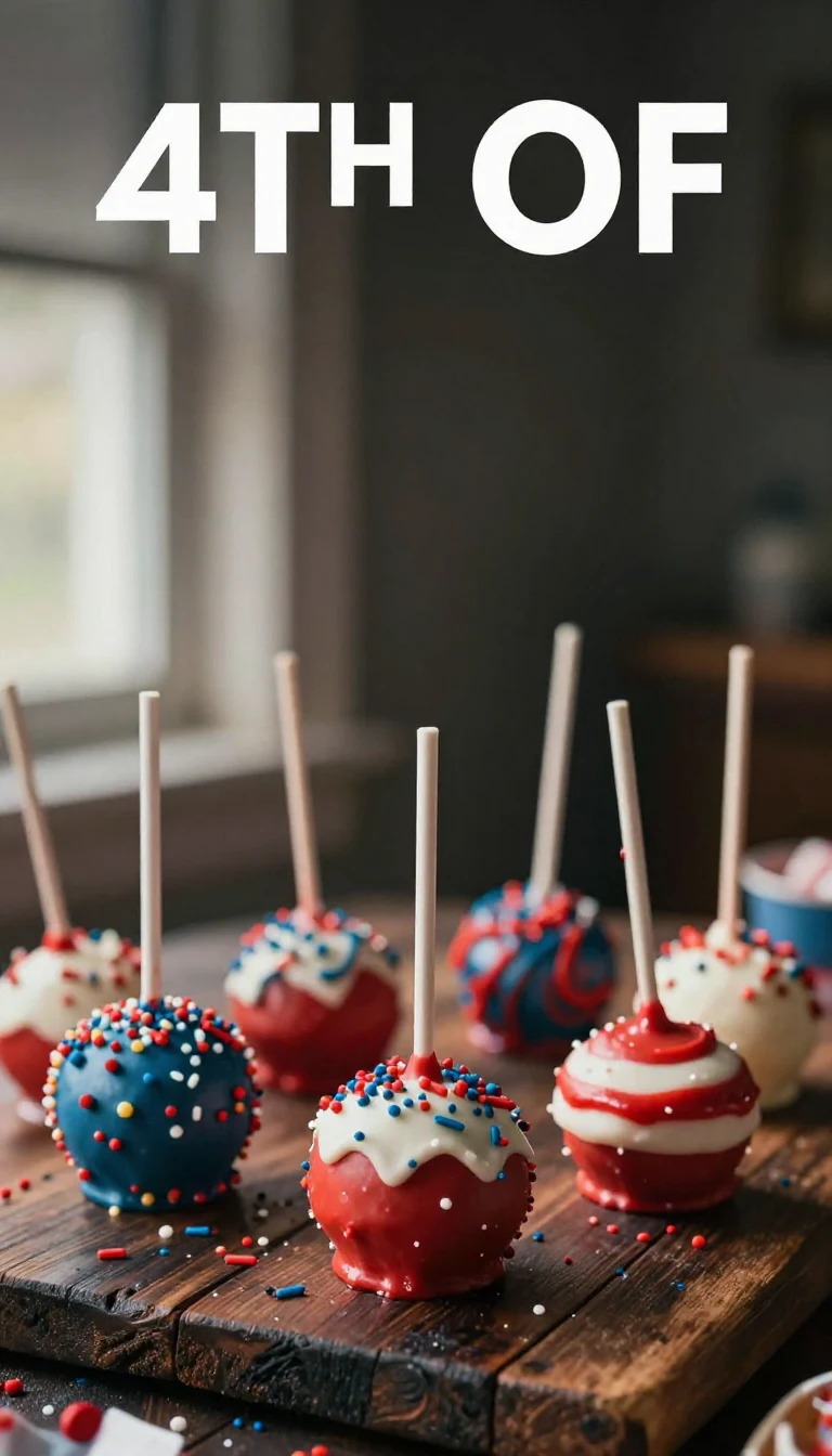 Colorful 4th of July cake pops decorated with red, white, and blue sprinkles